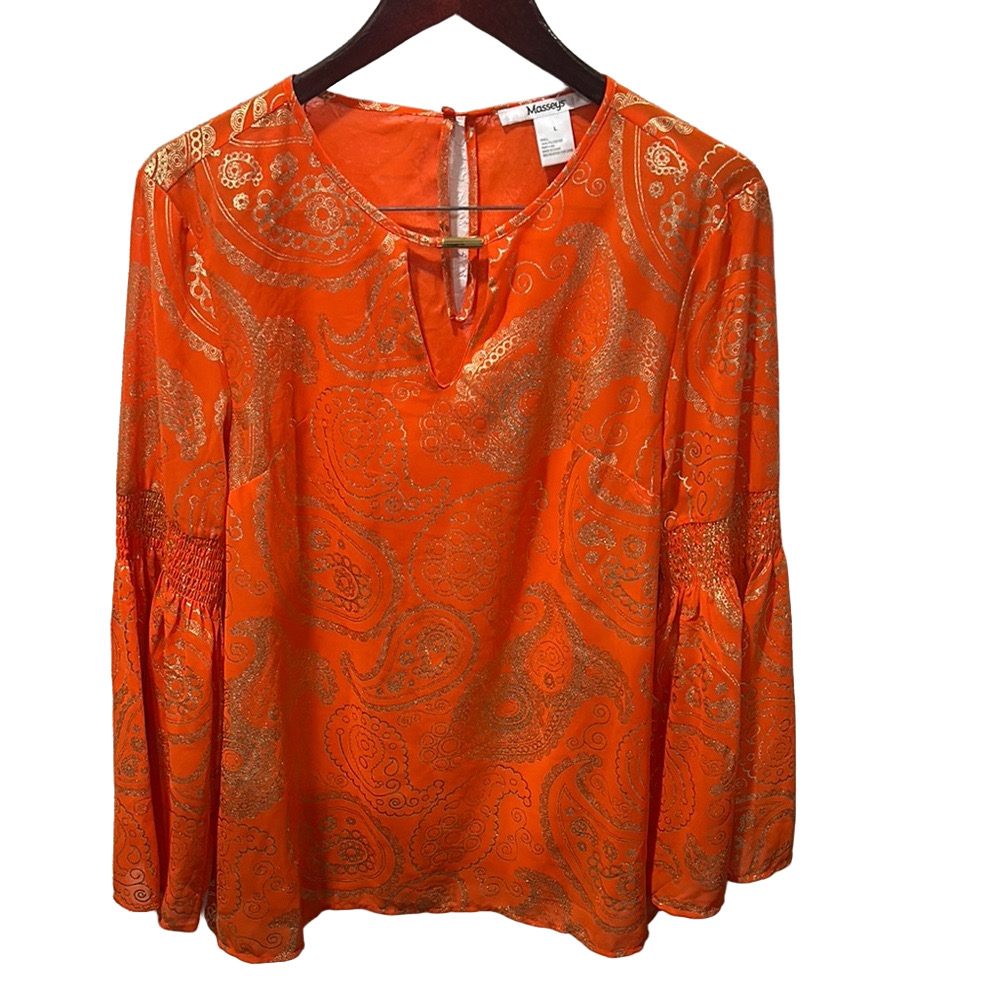 Masseys Orange printed bell sleeve keyhole Flutter Sleeve Blouse size L GUC